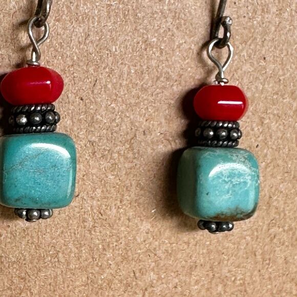 Sterling Silver Turquoise & Coral Dangle Earrings - Picture 3 of 8
